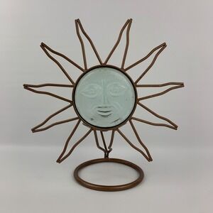 Boho Celestial Sunburst Metal Candle Stand with Glass Sun Face Rustic 10.75"